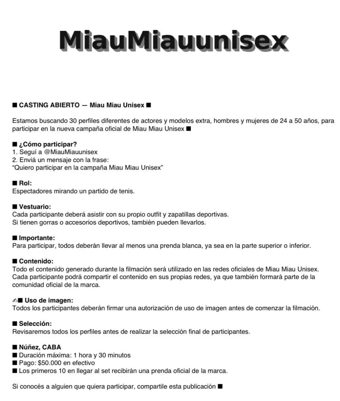 Casting abierto Miau Miau Unisex