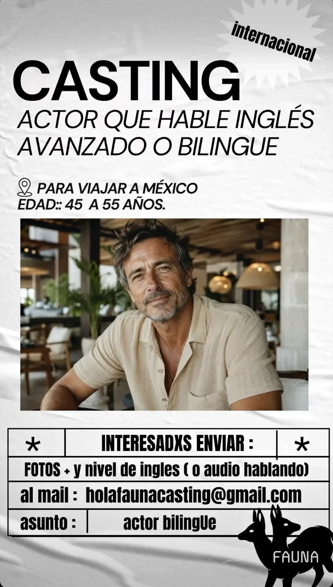 Casting para actor bilingüe que viaje a México