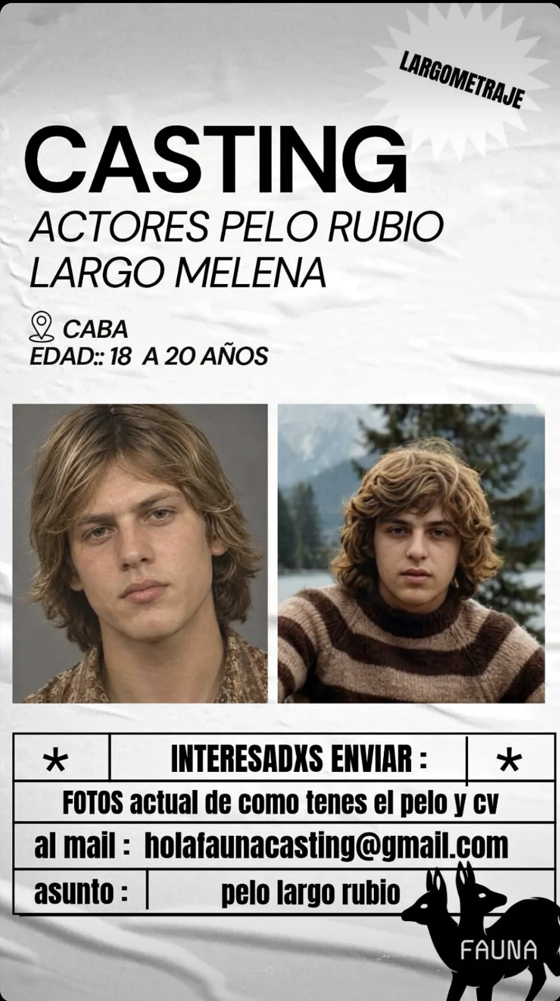 Actores de pelo rubio y largo melena de 18 a 20 años